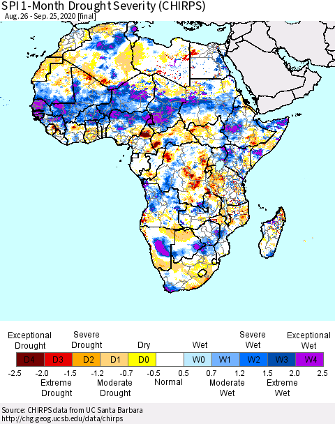 Africa SPI 1-Month Drought Severity (CHIRPS) Thematic Map For 8/26/2020 - 9/25/2020