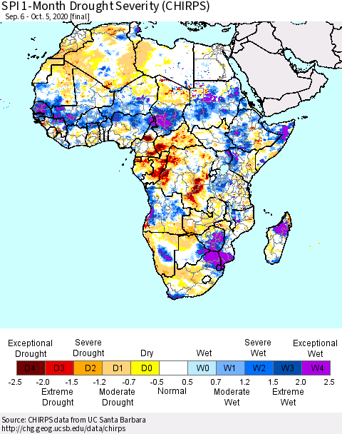 Africa SPI 1-Month Drought Severity (CHIRPS) Thematic Map For 9/6/2020 - 10/5/2020