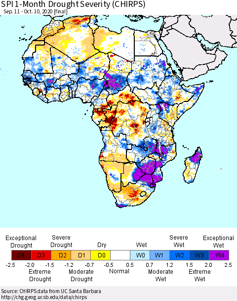 Africa SPI 1-Month Drought Severity (CHIRPS) Thematic Map For 9/11/2020 - 10/10/2020