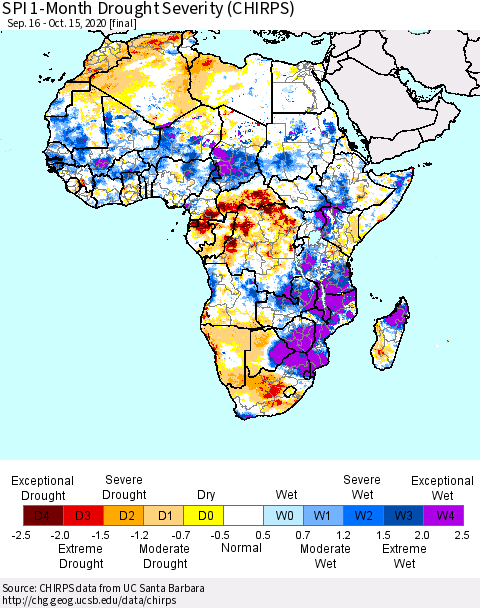 Africa SPI 1-Month Drought Severity (CHIRPS) Thematic Map For 9/16/2020 - 10/15/2020