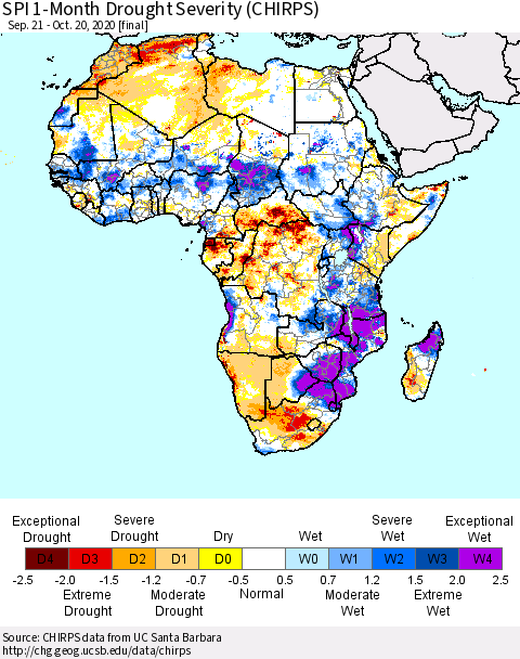 Africa SPI 1-Month Drought Severity (CHIRPS) Thematic Map For 9/21/2020 - 10/20/2020