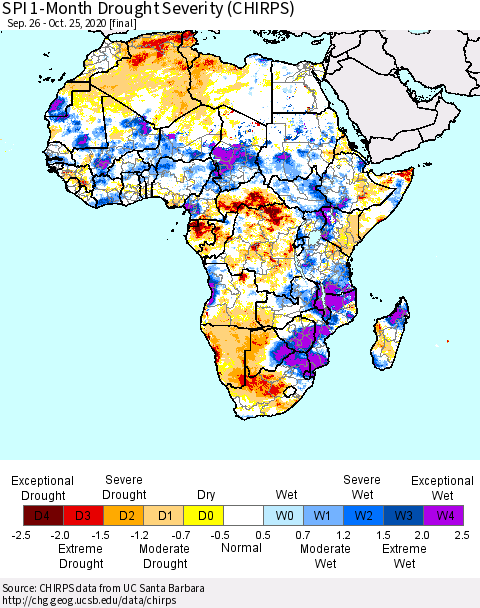 Africa SPI 1-Month Drought Severity (CHIRPS) Thematic Map For 9/26/2020 - 10/25/2020