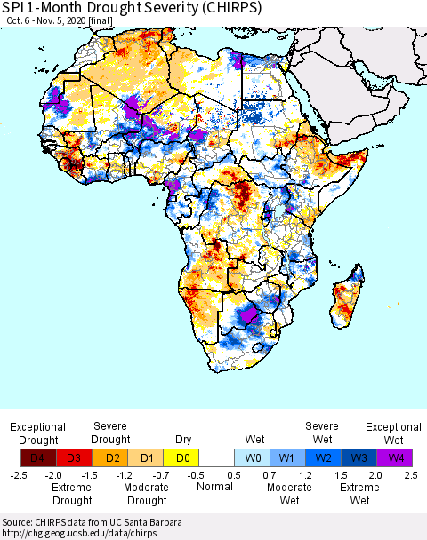 Africa SPI 1-Month Drought Severity (CHIRPS) Thematic Map For 10/6/2020 - 11/5/2020