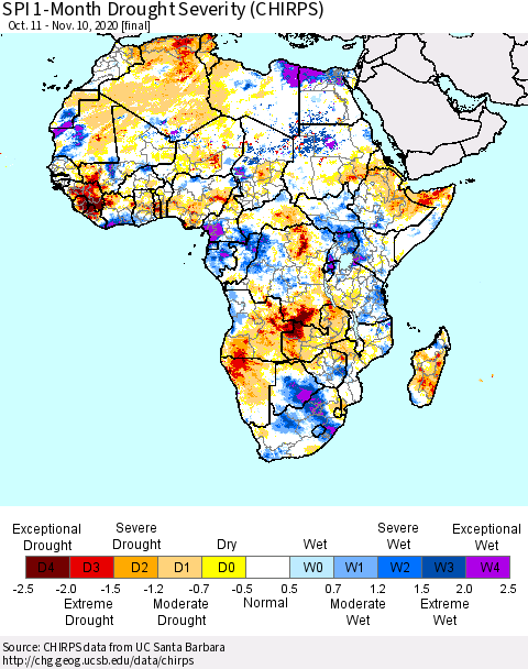 Africa SPI 1-Month Drought Severity (CHIRPS) Thematic Map For 10/11/2020 - 11/10/2020