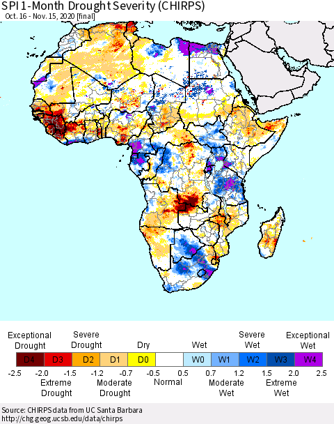 Africa SPI 1-Month Drought Severity (CHIRPS) Thematic Map For 10/16/2020 - 11/15/2020