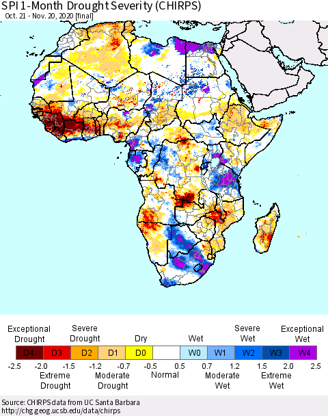 Africa SPI 1-Month Drought Severity (CHIRPS) Thematic Map For 10/21/2020 - 11/20/2020