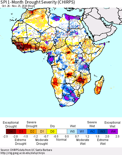 Africa SPI 1-Month Drought Severity (CHIRPS) Thematic Map For 10/26/2020 - 11/25/2020