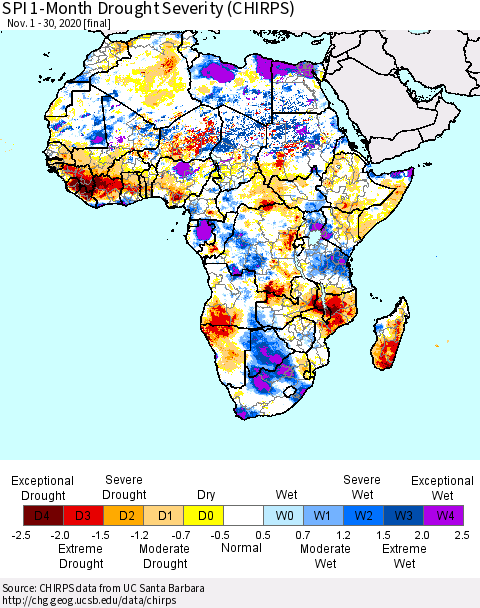 Africa SPI 1-Month Drought Severity (CHIRPS) Thematic Map For 11/1/2020 - 11/30/2020