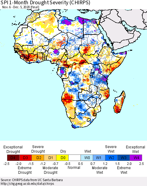 Africa SPI 1-Month Drought Severity (CHIRPS) Thematic Map For 11/6/2020 - 12/5/2020