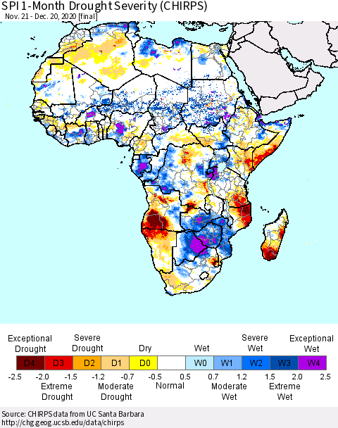 Africa SPI 1-Month Drought Severity (CHIRPS) Thematic Map For 11/21/2020 - 12/20/2020
