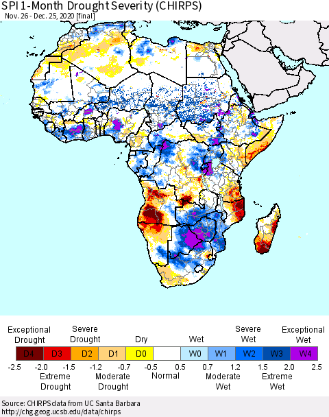 Africa SPI 1-Month Drought Severity (CHIRPS) Thematic Map For 11/26/2020 - 12/25/2020