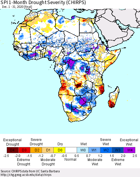 Africa SPI 1-Month Drought Severity (CHIRPS) Thematic Map For 12/1/2020 - 12/31/2020