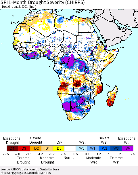 Africa SPI 1-Month Drought Severity (CHIRPS) Thematic Map For 12/6/2020 - 1/5/2021