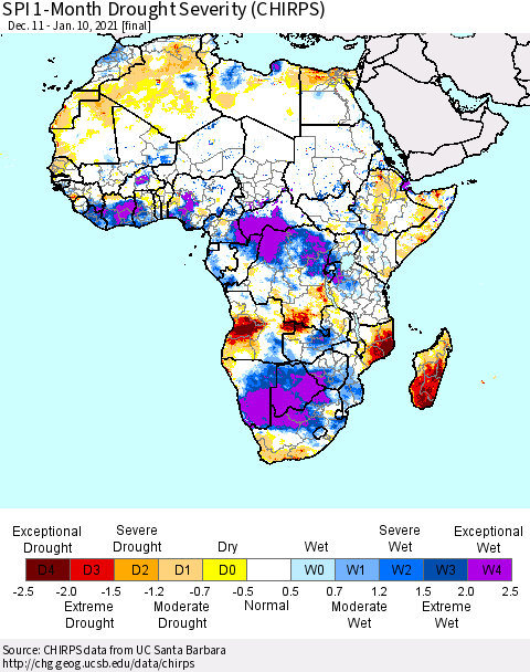 Africa SPI 1-Month Drought Severity (CHIRPS) Thematic Map For 12/11/2020 - 1/10/2021