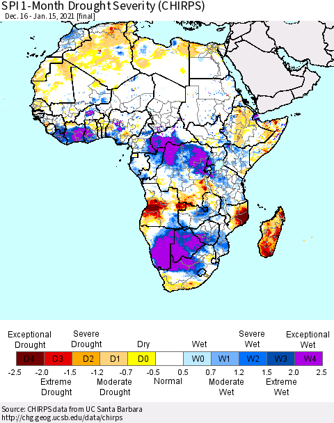 Africa SPI 1-Month Drought Severity (CHIRPS) Thematic Map For 12/16/2020 - 1/15/2021