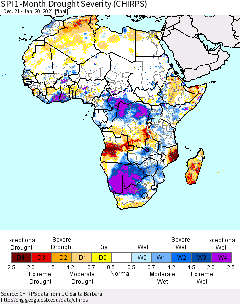 Africa SPI 1-Month Drought Severity (CHIRPS) Thematic Map For 12/21/2020 - 1/20/2021