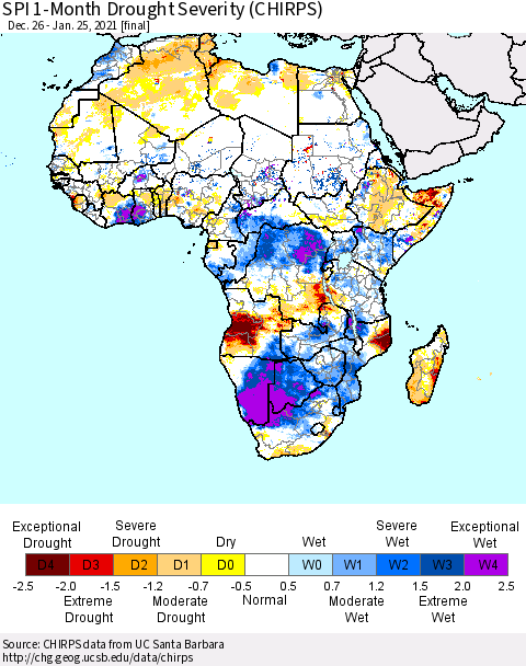 Africa SPI 1-Month Drought Severity (CHIRPS) Thematic Map For 12/26/2020 - 1/25/2021