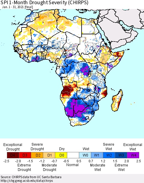 Africa SPI 1-Month Drought Severity (CHIRPS) Thematic Map For 1/1/2021 - 1/31/2021