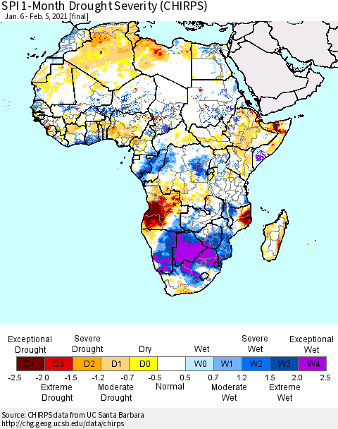 Africa SPI 1-Month Drought Severity (CHIRPS) Thematic Map For 1/6/2021 - 2/5/2021