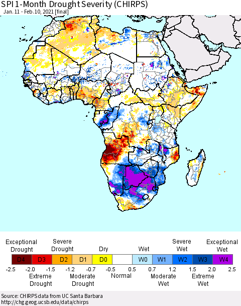 Africa SPI 1-Month Drought Severity (CHIRPS) Thematic Map For 1/11/2021 - 2/10/2021