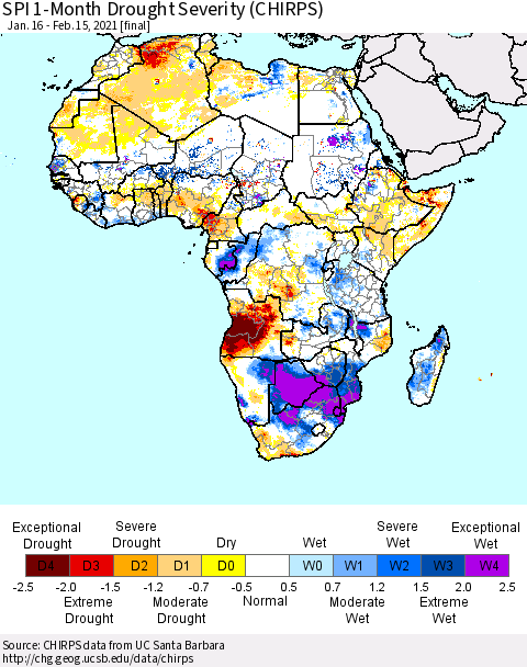 Africa SPI 1-Month Drought Severity (CHIRPS) Thematic Map For 1/16/2021 - 2/15/2021