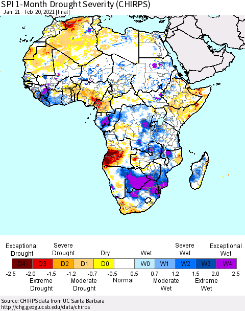 Africa SPI 1-Month Drought Severity (CHIRPS) Thematic Map For 1/21/2021 - 2/20/2021