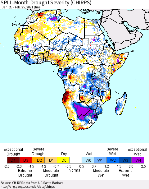 Africa SPI 1-Month Drought Severity (CHIRPS) Thematic Map For 1/26/2021 - 2/25/2021