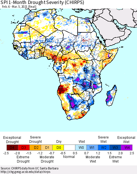 Africa SPI 1-Month Drought Severity (CHIRPS) Thematic Map For 2/6/2021 - 3/5/2021