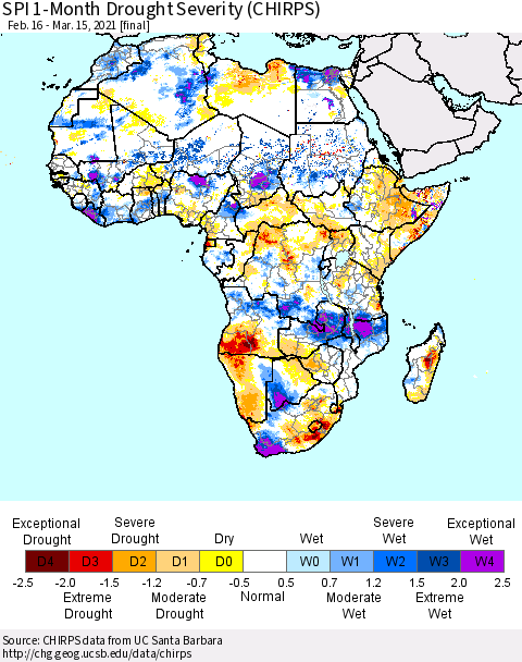 Africa SPI 1-Month Drought Severity (CHIRPS) Thematic Map For 2/16/2021 - 3/15/2021