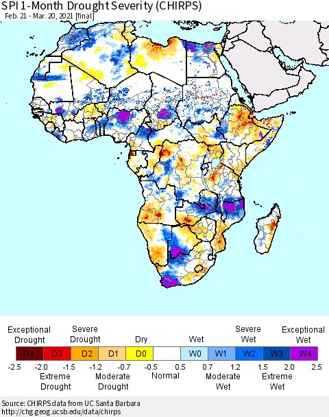 Africa SPI 1-Month Drought Severity (CHIRPS) Thematic Map For 2/21/2021 - 3/20/2021