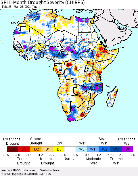 Africa SPI 1-Month Drought Severity (CHIRPS) Thematic Map For 2/26/2021 - 3/25/2021