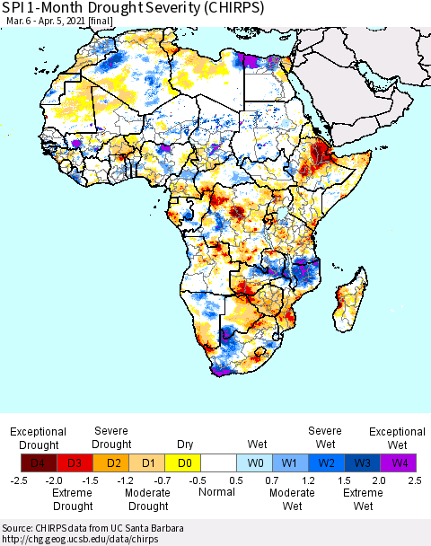 Africa SPI 1-Month Drought Severity (CHIRPS) Thematic Map For 3/6/2021 - 4/5/2021
