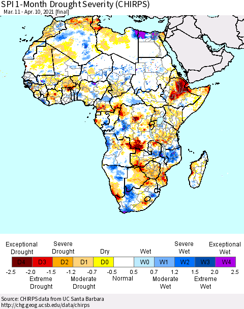 Africa SPI 1-Month Drought Severity (CHIRPS) Thematic Map For 3/11/2021 - 4/10/2021