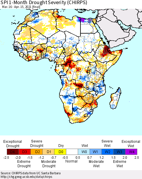 Africa SPI 1-Month Drought Severity (CHIRPS) Thematic Map For 3/16/2021 - 4/15/2021