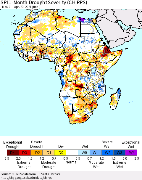 Africa SPI 1-Month Drought Severity (CHIRPS) Thematic Map For 3/21/2021 - 4/20/2021