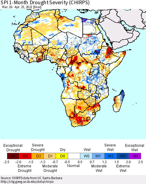 Africa SPI 1-Month Drought Severity (CHIRPS) Thematic Map For 3/26/2021 - 4/25/2021