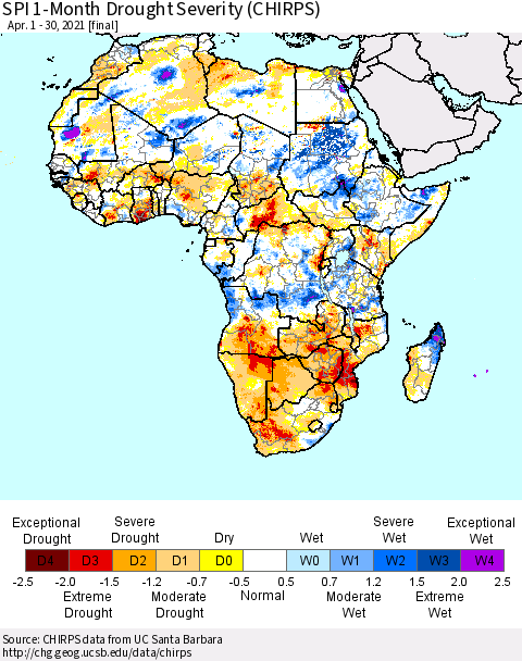 Africa SPI 1-Month Drought Severity (CHIRPS) Thematic Map For 4/1/2021 - 4/30/2021