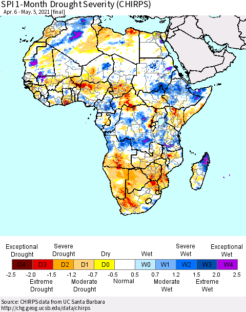Africa SPI 1-Month Drought Severity (CHIRPS) Thematic Map For 4/6/2021 - 5/5/2021