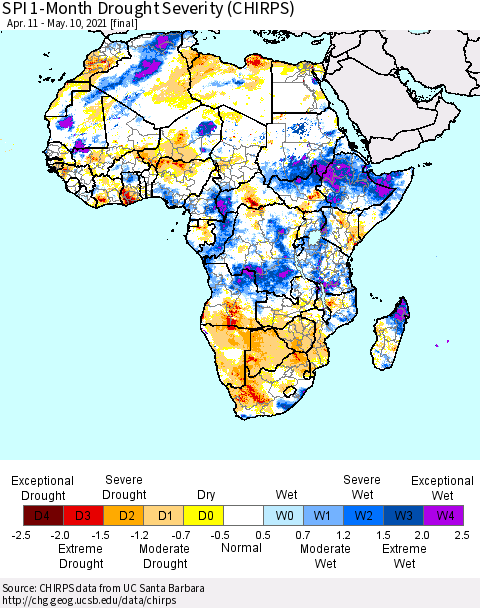 Africa SPI 1-Month Drought Severity (CHIRPS) Thematic Map For 4/11/2021 - 5/10/2021