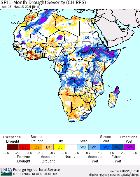 Africa SPI 1-Month Drought Severity (CHIRPS) Thematic Map For 4/16/2021 - 5/15/2021