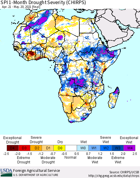 Africa SPI 1-Month Drought Severity (CHIRPS) Thematic Map For 4/21/2021 - 5/20/2021