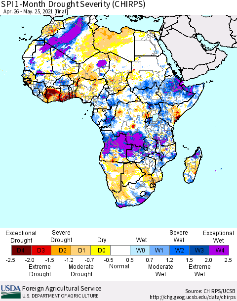 Africa SPI 1-Month Drought Severity (CHIRPS) Thematic Map For 4/26/2021 - 5/25/2021