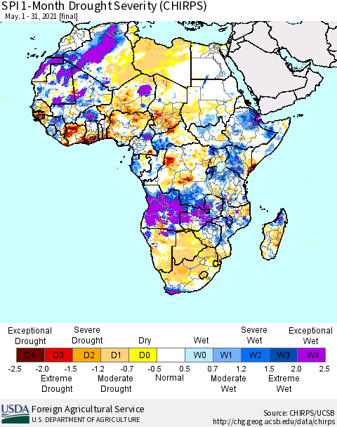 Africa SPI 1-Month Drought Severity (CHIRPS) Thematic Map For 5/1/2021 - 5/31/2021