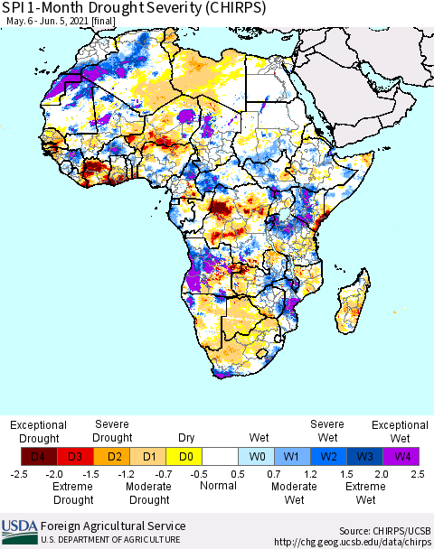 Africa SPI 1-Month Drought Severity (CHIRPS) Thematic Map For 5/6/2021 - 6/5/2021