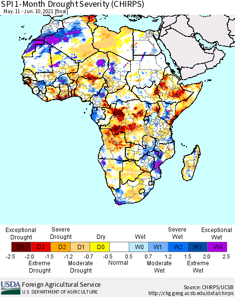 Africa SPI 1-Month Drought Severity (CHIRPS) Thematic Map For 5/11/2021 - 6/10/2021