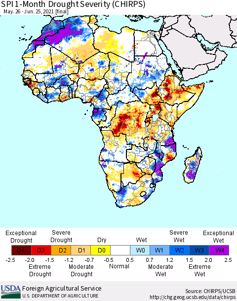 Africa SPI 1-Month Drought Severity (CHIRPS) Thematic Map For 5/26/2021 - 6/25/2021