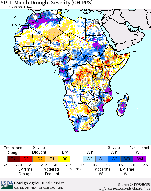 Africa SPI 1-Month Drought Severity (CHIRPS) Thematic Map For 6/1/2021 - 6/30/2021