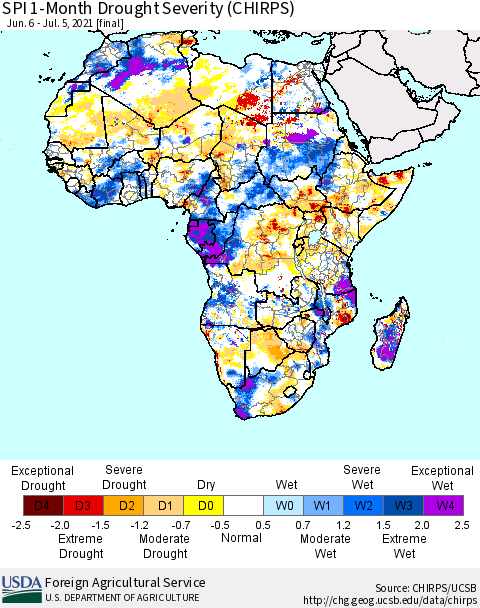 Africa SPI 1-Month Drought Severity (CHIRPS) Thematic Map For 6/6/2021 - 7/5/2021