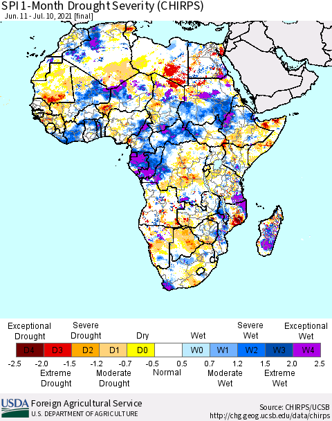 Africa SPI 1-Month Drought Severity (CHIRPS) Thematic Map For 6/11/2021 - 7/10/2021