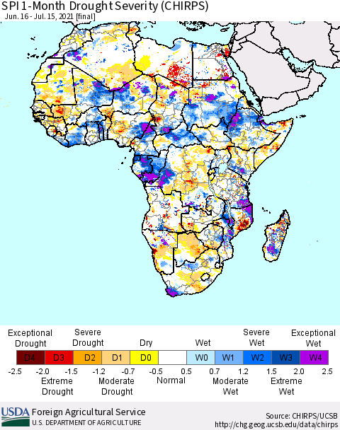 Africa SPI 1-Month Drought Severity (CHIRPS) Thematic Map For 6/16/2021 - 7/15/2021